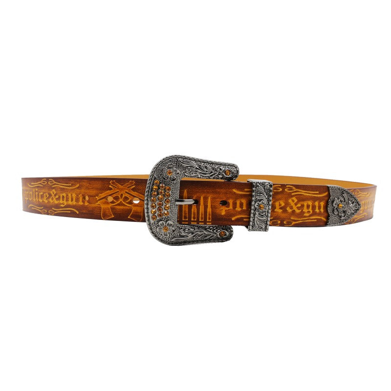 Cowboy Belt for Men-Yellow Strap-Gun Pattern Buckle-Men’s Western Belt