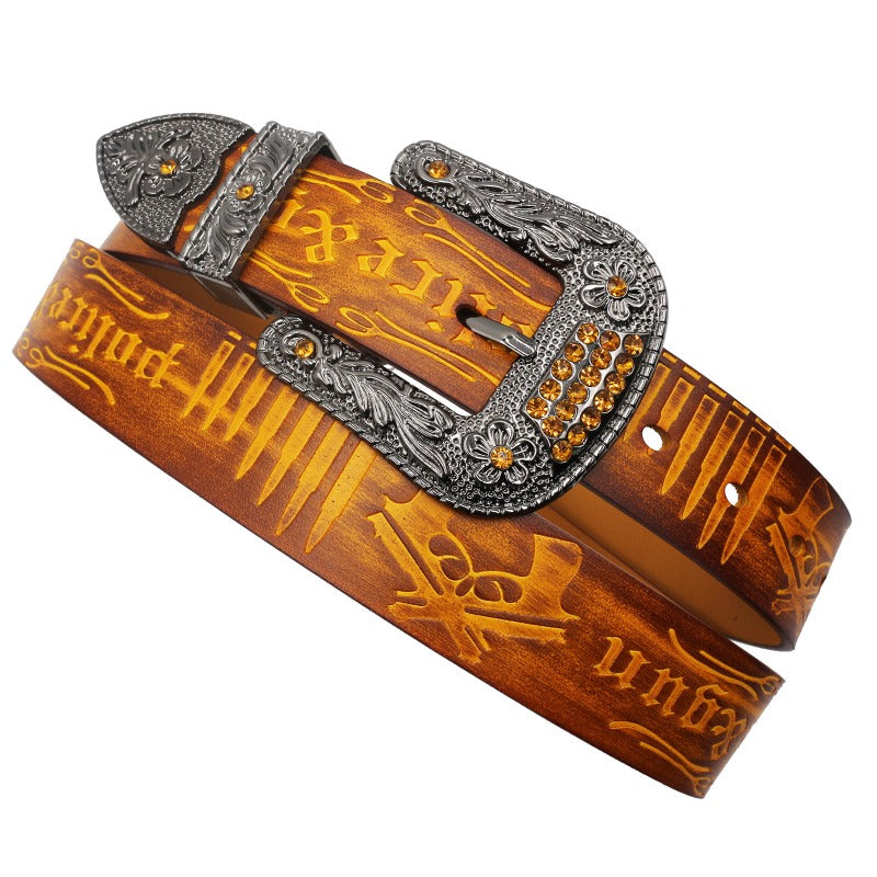 Cowboy Belt for Men-Yellow Strap-Gun Pattern Buckle-Men’s Western Belt