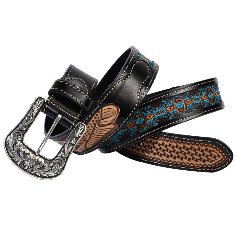 Cowboy Belt for Women-Black Belt-Embroidered Strap-Western Style