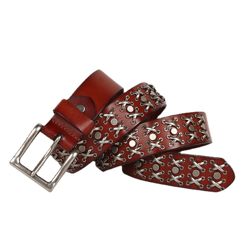 Cowboy Belt for Women-Black Leather-Punk&Western Studded Buckle