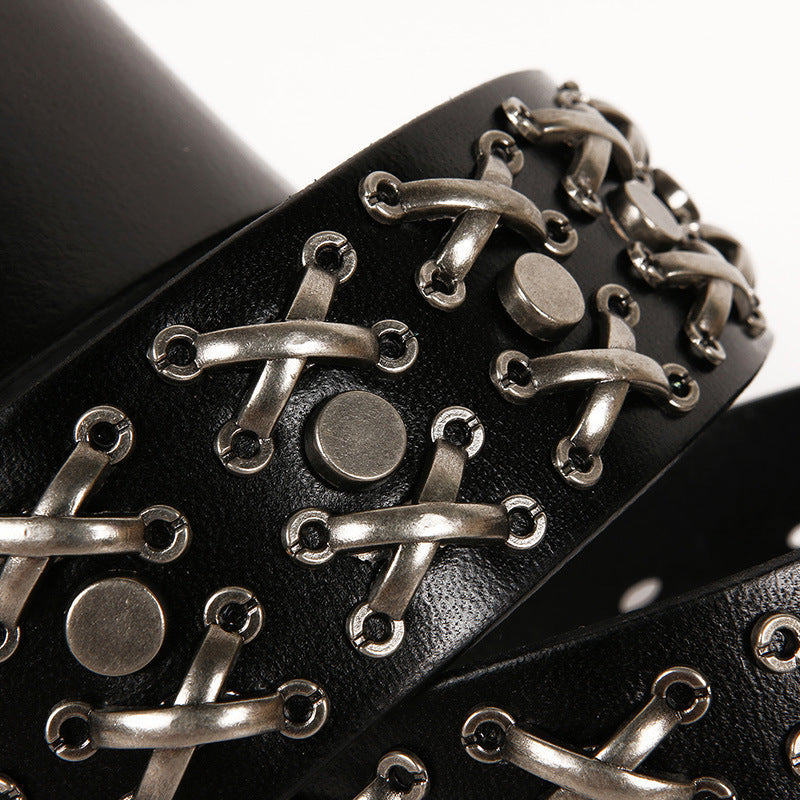 Cowboy Belt for Women-Black Leather-Punk&Western Studded Buckle