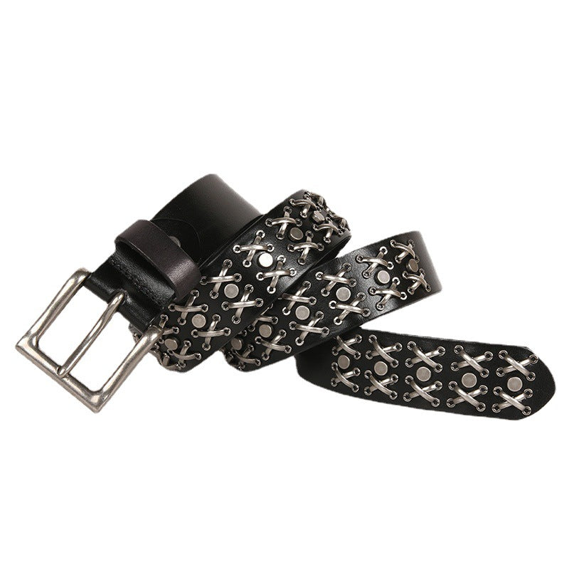 Cowboy Belt for Women-Black Leather-Punk&Western Studded Buckle