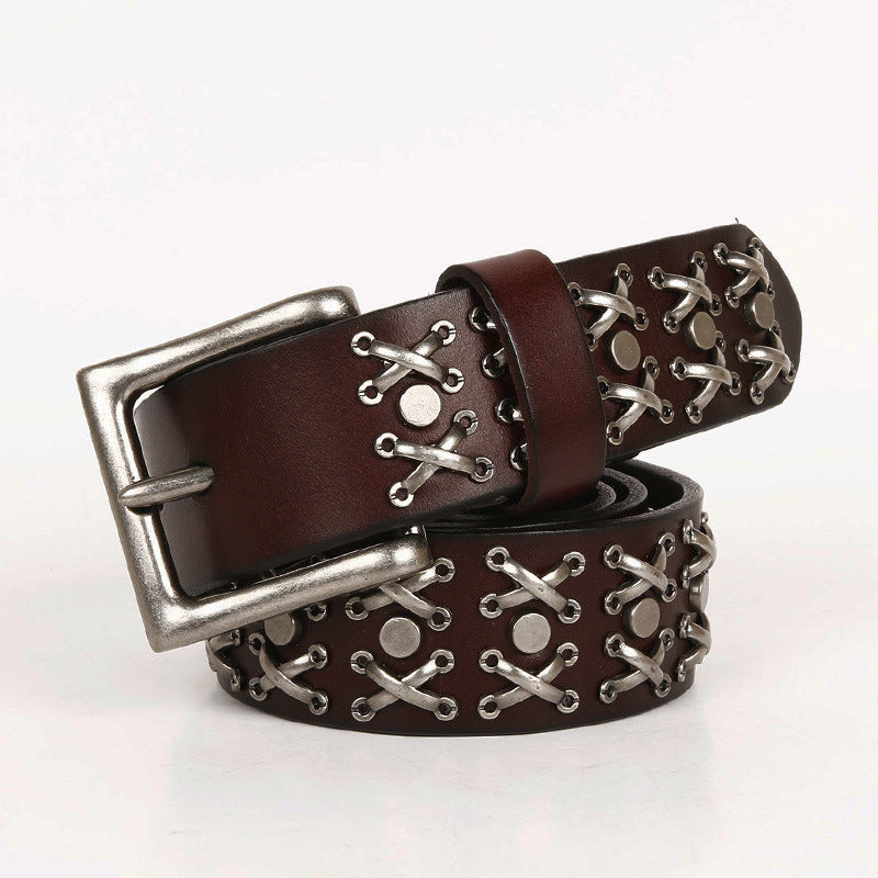 Cowboy Belt for Women-Black Leather-Punk&Western Studded Buckle