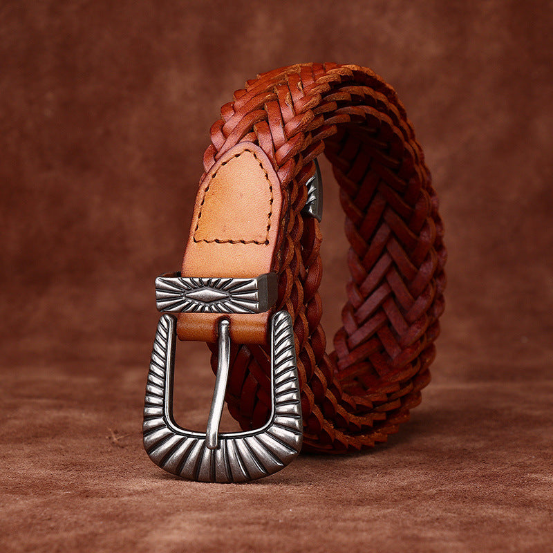 Riverstone Weave-Women’s Cowboy Belt-Braided Leather Strap-Silver Western Buckle