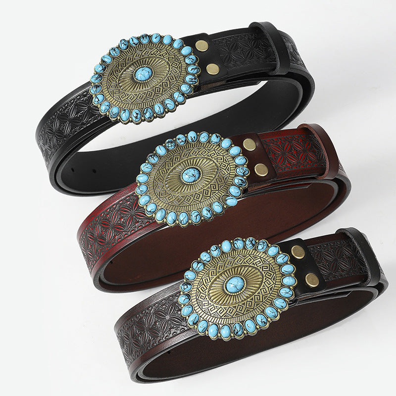 Cowboy Belt-Western Designer Belt-Turquoise Buckle-Men’s Fashion Gift