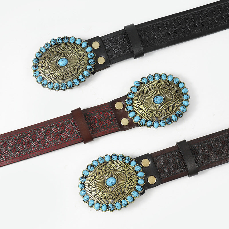 Cowboy Belt-Western Designer Belt-Turquoise Buckle-Men’s Fashion Gift