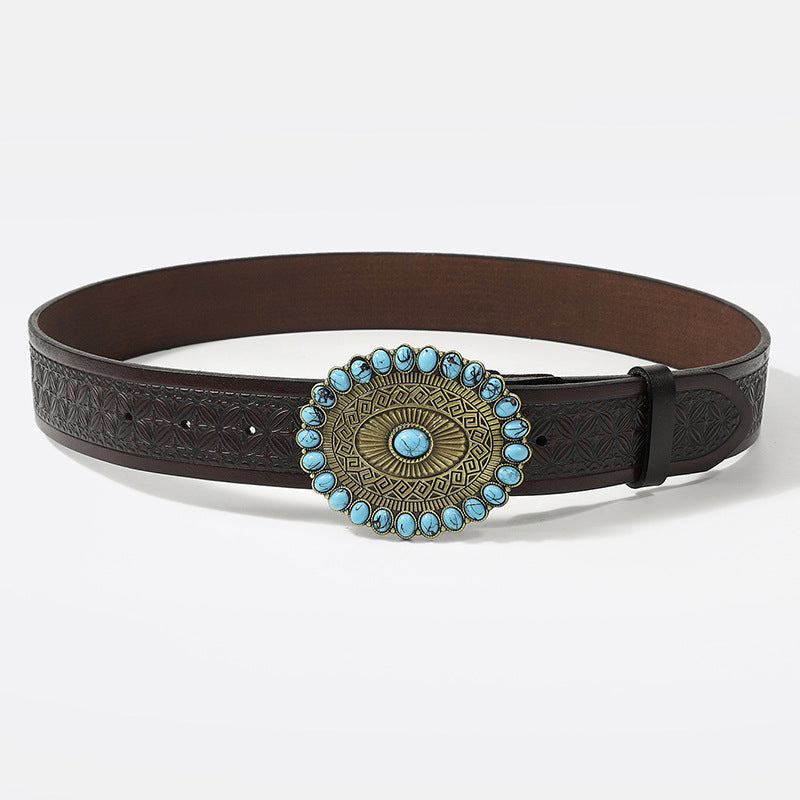 Cowboy Belt-Western Designer Belt-Turquoise Buckle-Men’s Fashion Gift