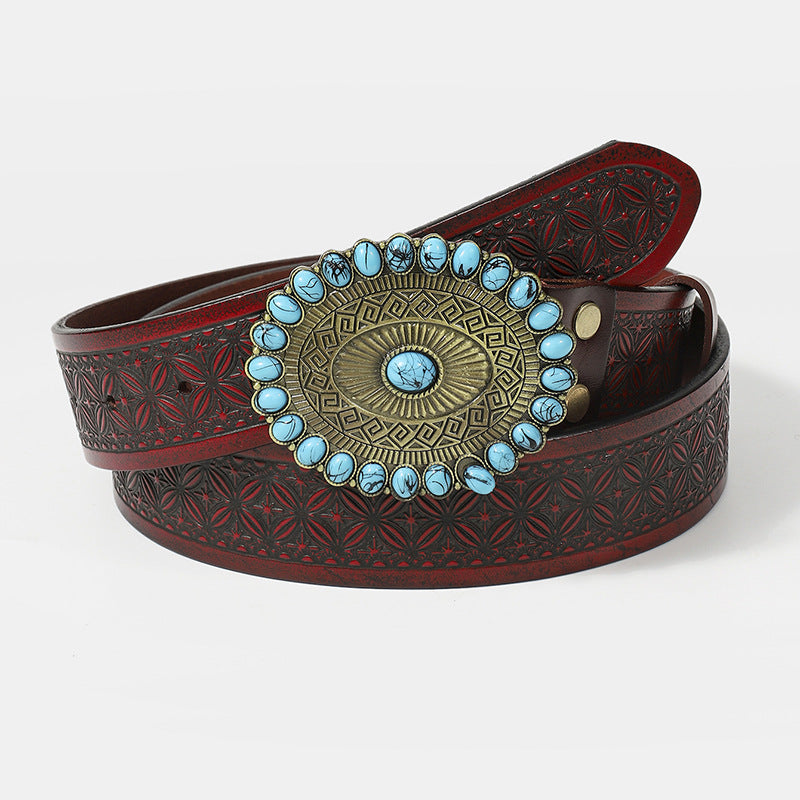 Cowboy Belt-Western Designer Belt-Turquoise Buckle-Men’s Fashion Gift