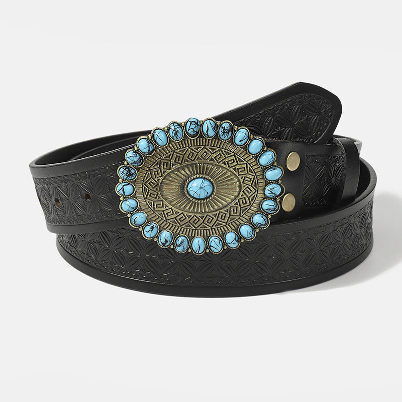 Cowboy Belt-Western Designer Belt-Turquoise Buckle-Men’s Fashion Gift