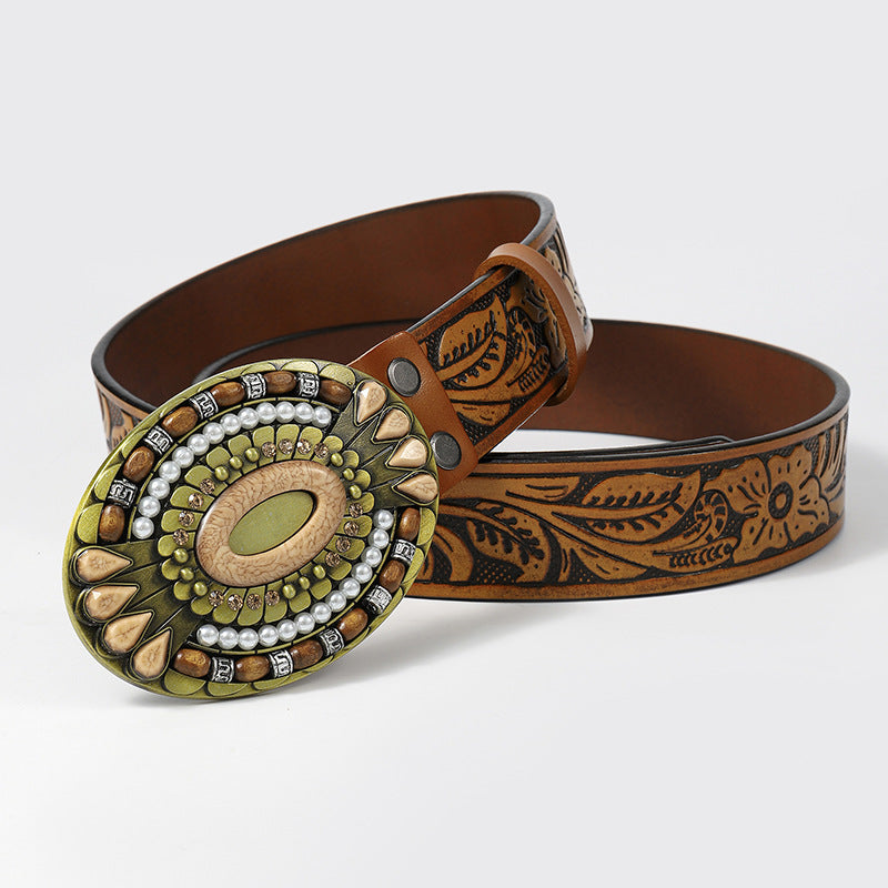 Cowboy Belts and Buckles for Men-Yellow Leather-Turquoise Design