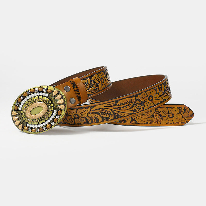 Cowboy Belts and Buckles for Men-Yellow Leather-Turquoise Design