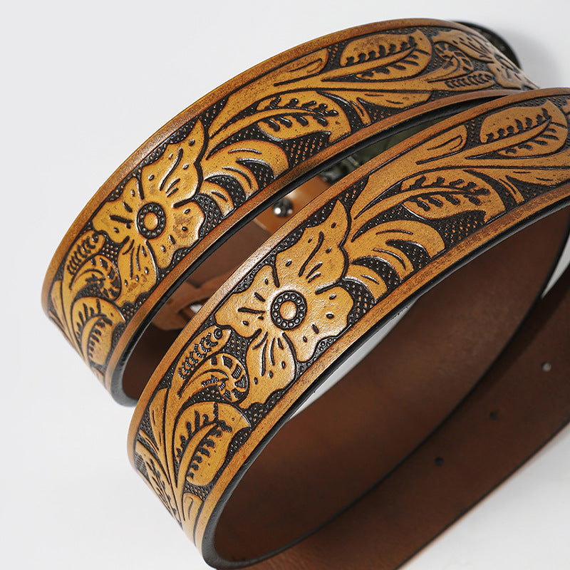 Cowboy Belts and Buckles for Men-Yellow Leather-Turquoise Design