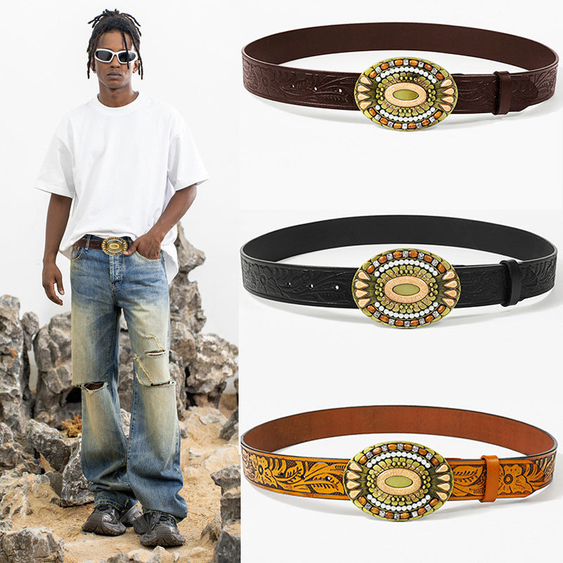 Cowboy Belts and Buckles for Men-Yellow Leather-Turquoise Design