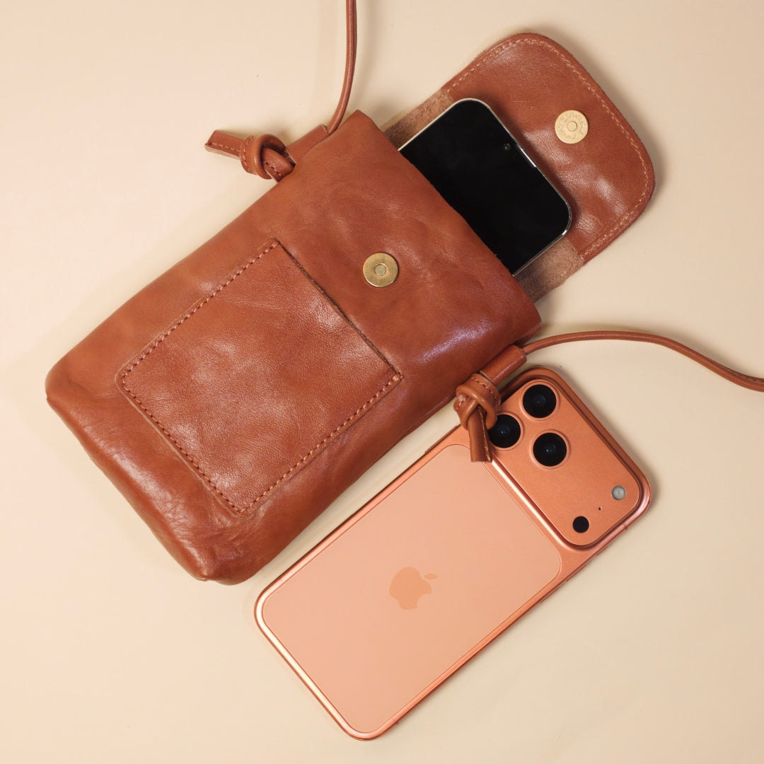 Crossbody Phone Pouch in Full-Grain Leather-Slim Lightweight Build