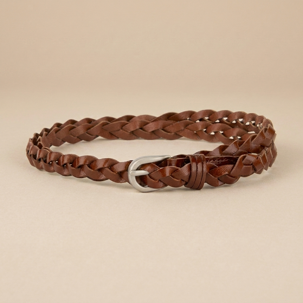 Ladies Braided Leather Belt - Slim Woven Strap with Pin Buckle