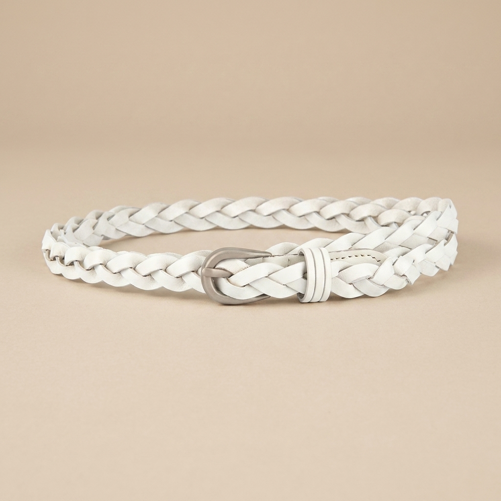 Ladies Braided Leather Belt - Slim Woven Strap with Pin Buckle