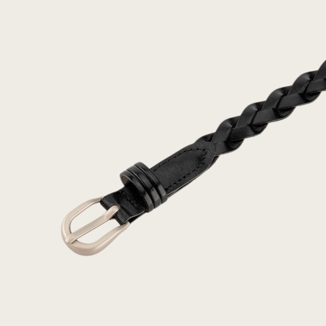Ladies Braided Leather Belt - Slim Woven Strap with Pin Buckle