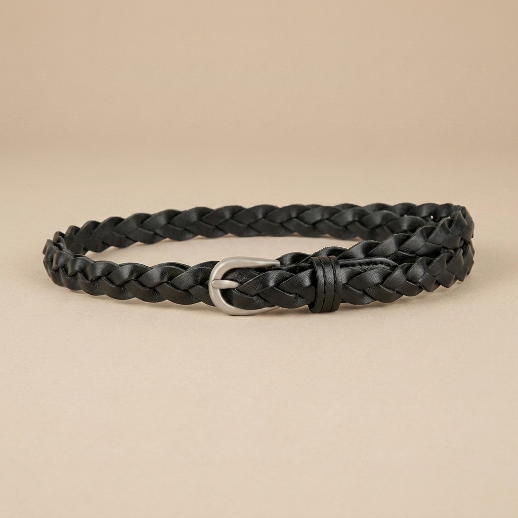 Ladies Braided Leather Belt - Slim Woven Strap with Pin Buckle