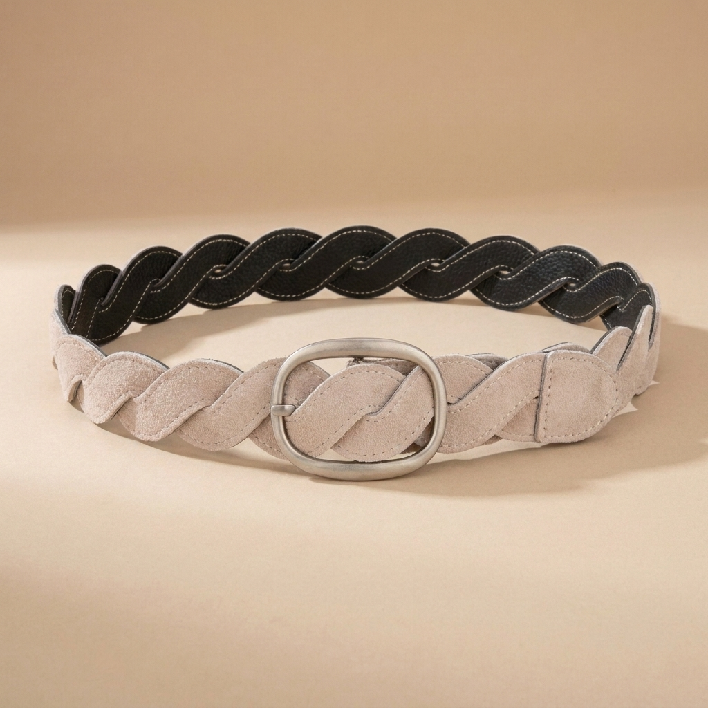 Ladies Braided Leather Belts - Full-Grain Suede Surface with Raw Edge