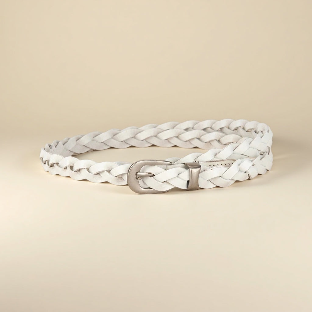 Ladies Braided Leather Belts - Slim Woven Strap with Silver Pin Buckle
