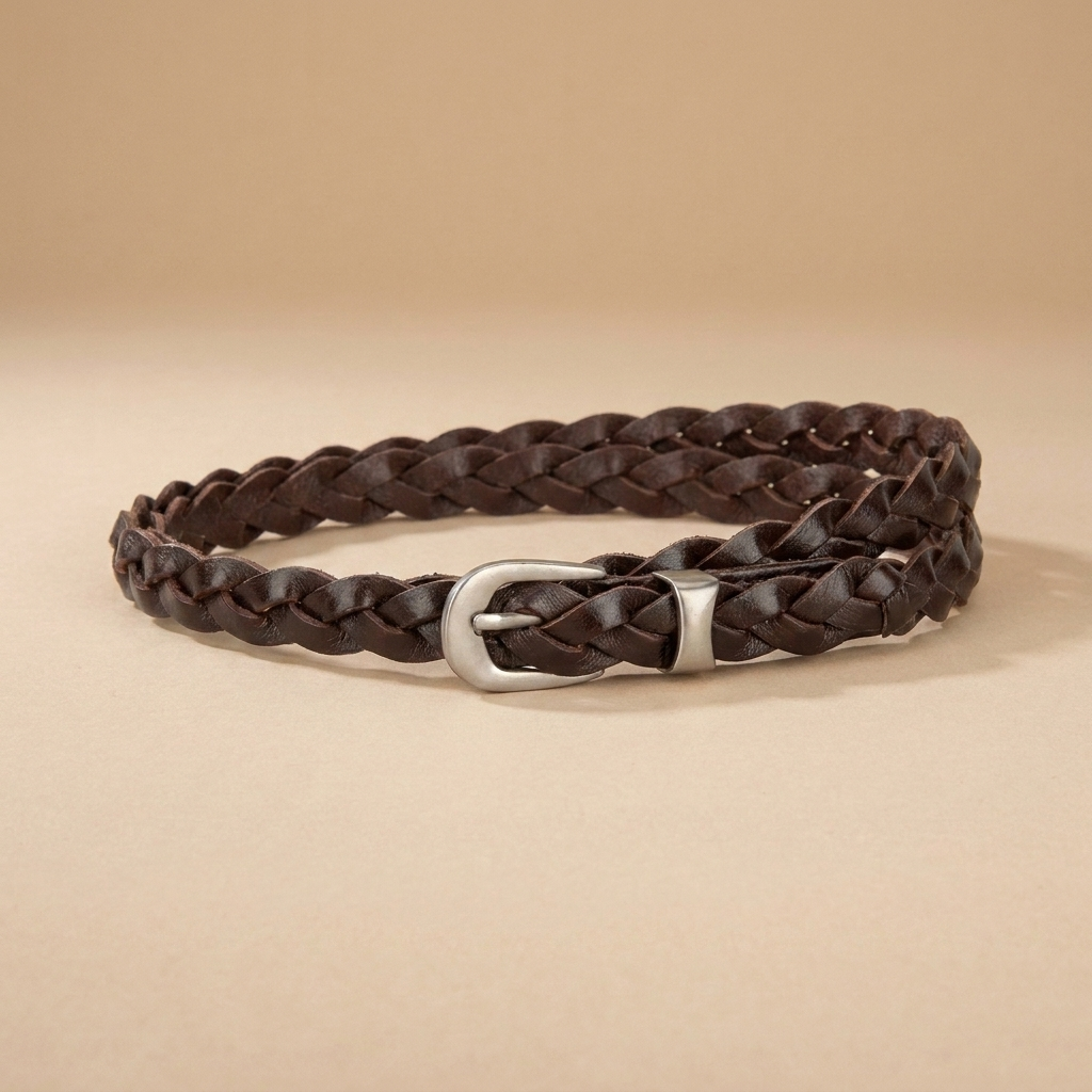 Ladies Braided Leather Belts - Slim Woven Strap with Silver Pin Buckle