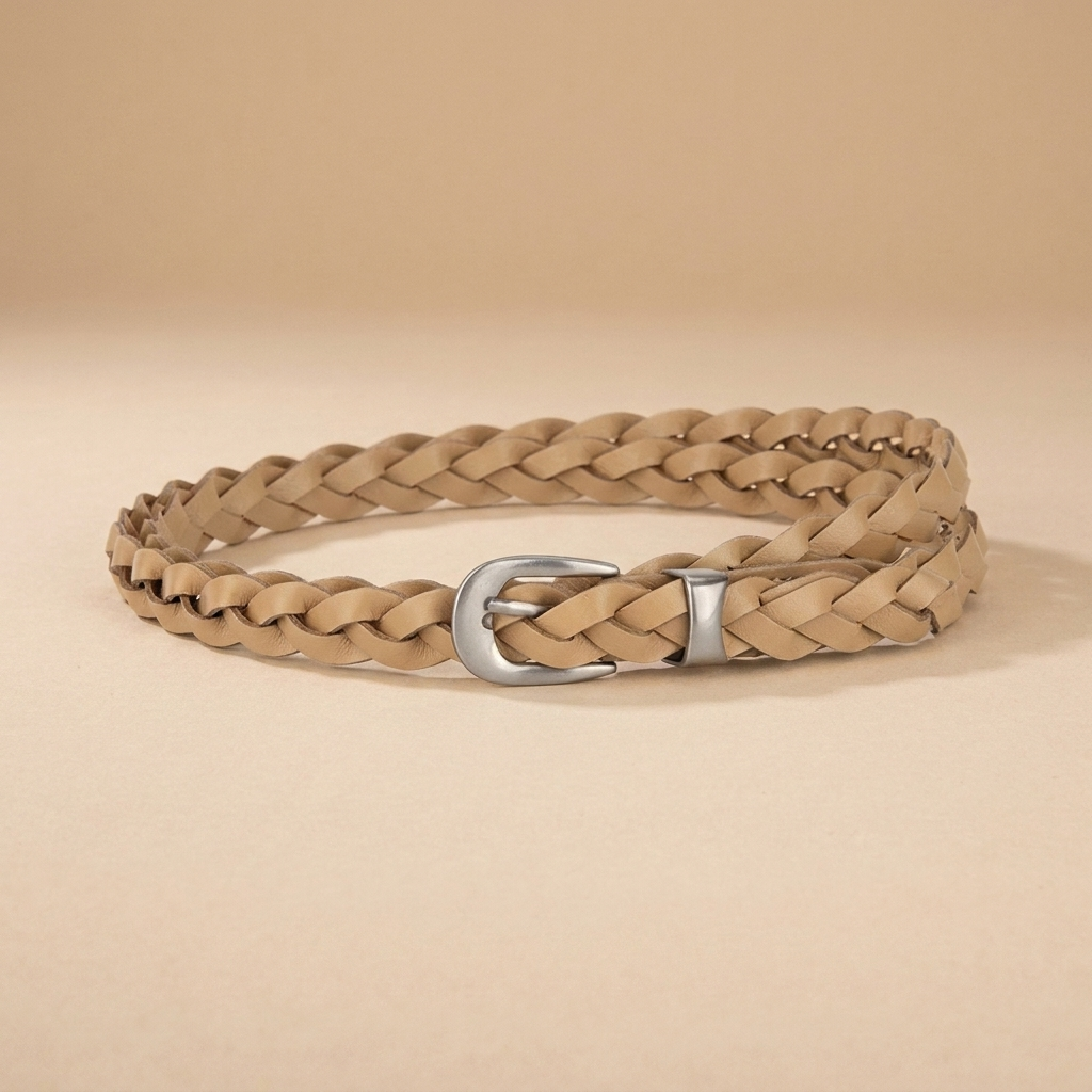 Ladies Braided Leather Belts - Slim Woven Strap with Silver Pin Buckle