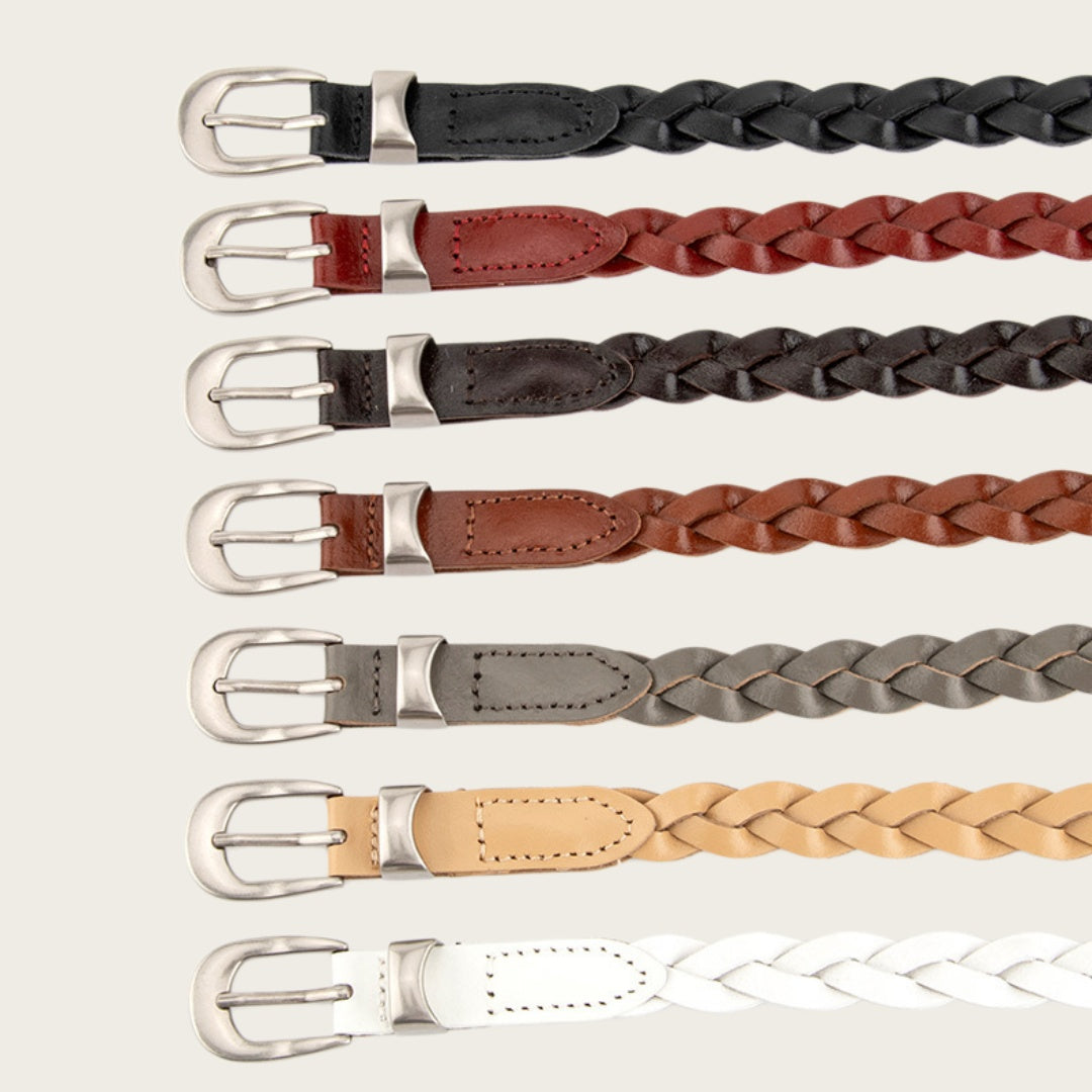 Ladies Braided Leather Belts - Slim Woven Strap with Silver Pin Buckle