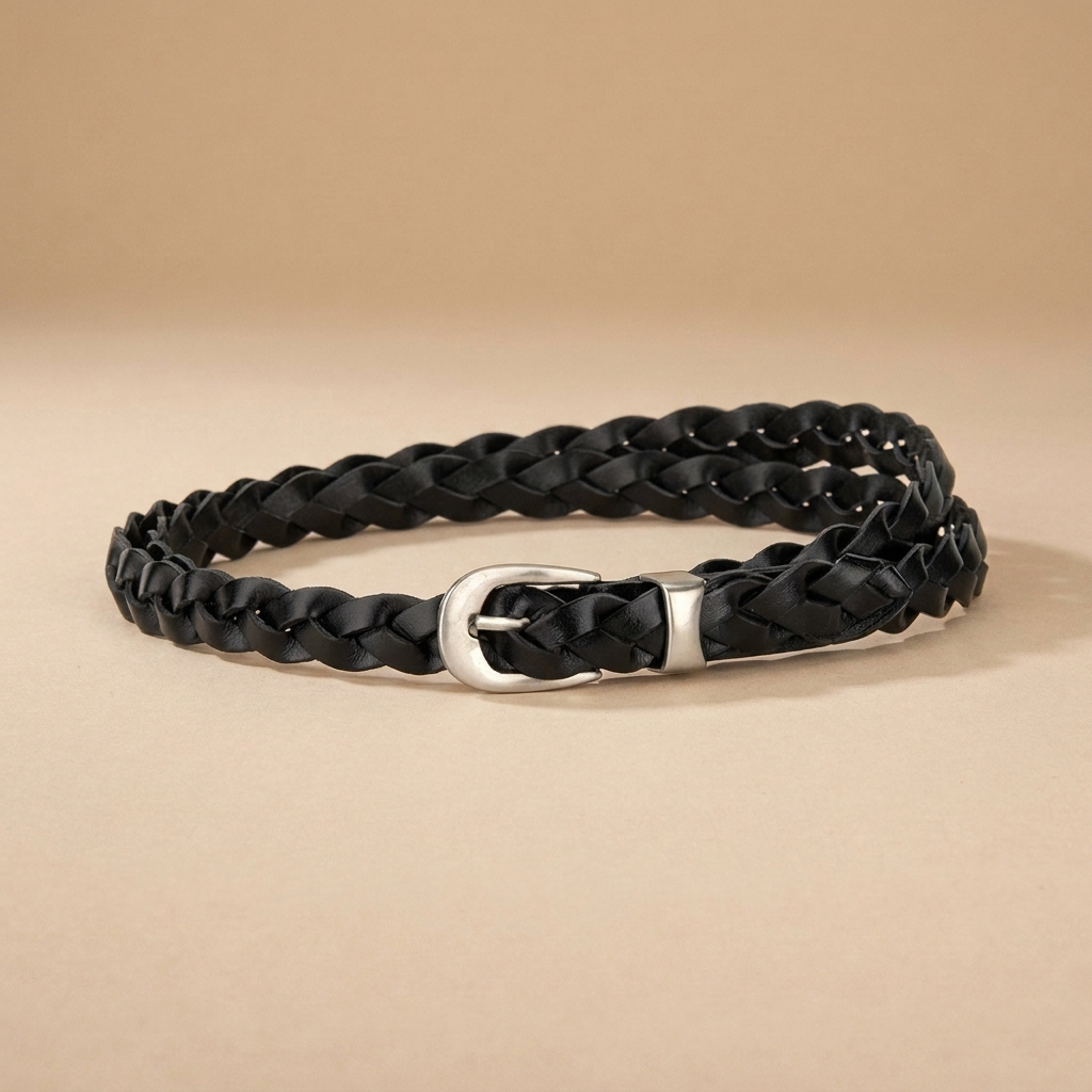 Ladies Braided Leather Belts - Slim Woven Strap with Silver Pin Buckle