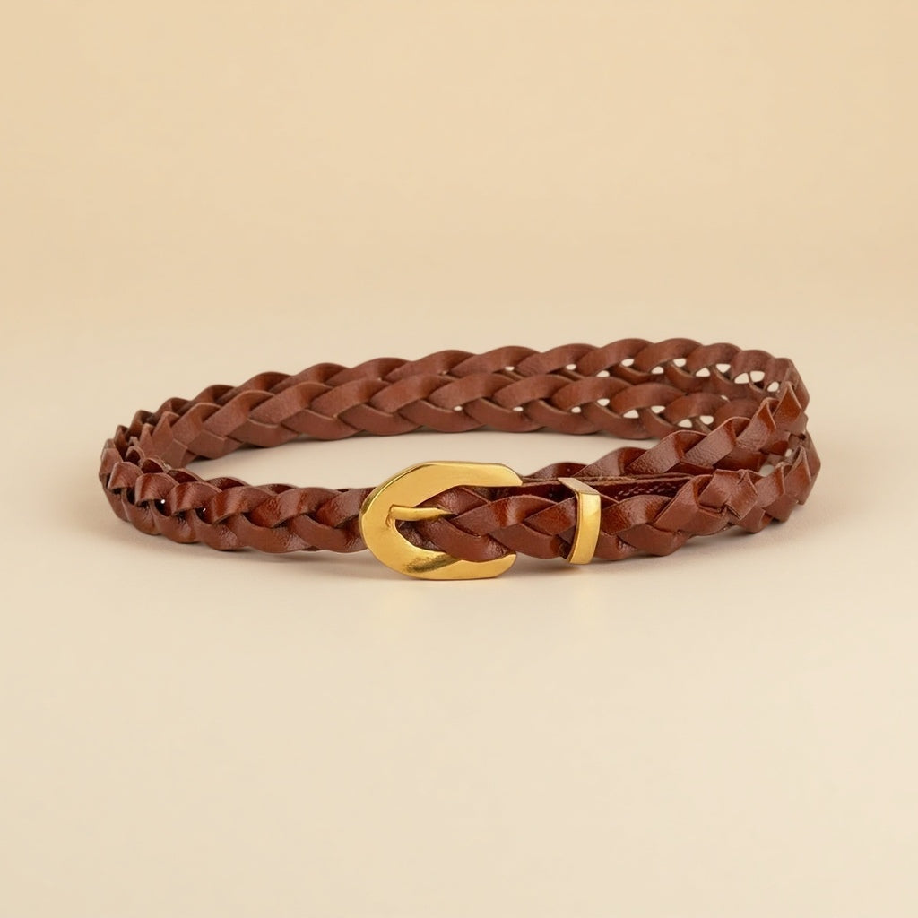 Ladies Braided Leather Belts - Slim Wrap Strap with Gold Pin Buckle