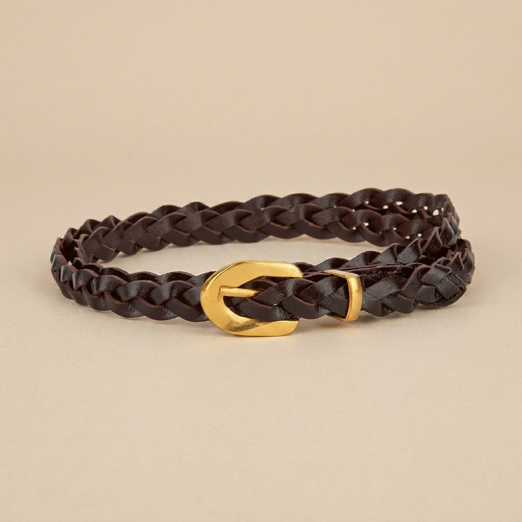 Ladies Braided Leather Belts - Slim Wrap Strap with Gold Pin Buckle