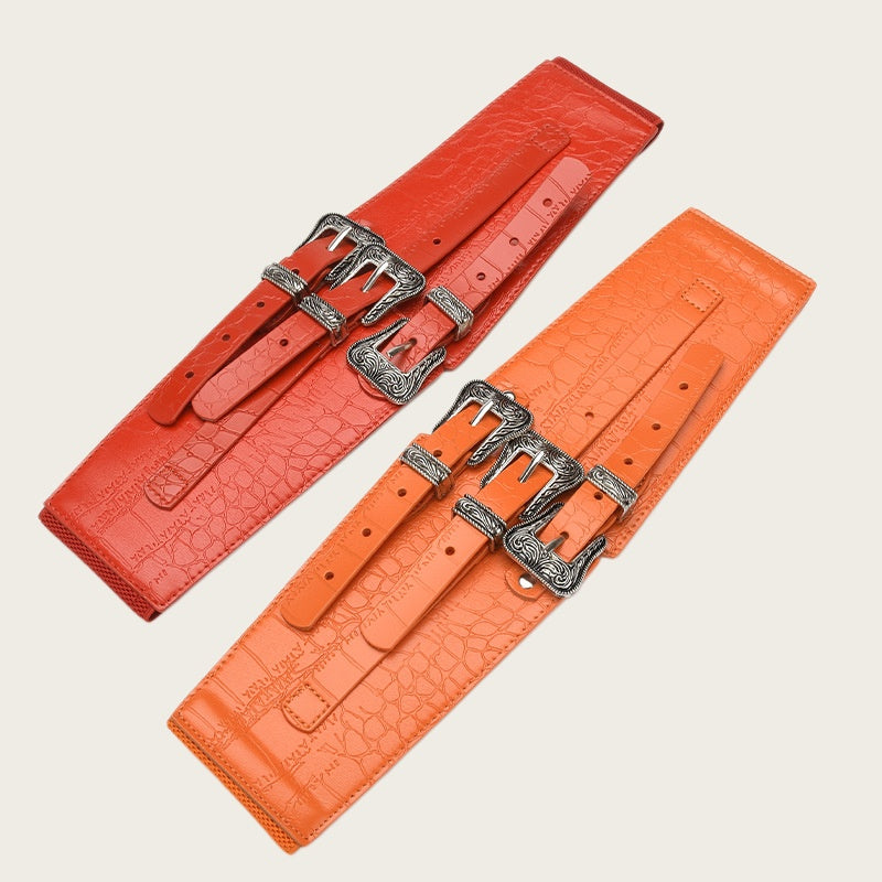 Ladies Wide Black Leather Belt - Crocodile Embossed Strap with Triple Silver Western Buckle
