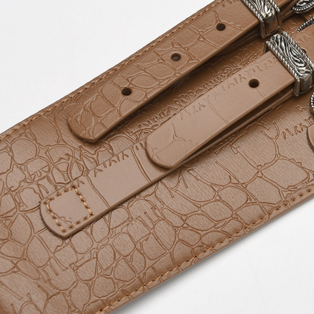 Ladies Wide Black Leather Belt - Crocodile Embossed Strap with Triple Silver Western Buckle