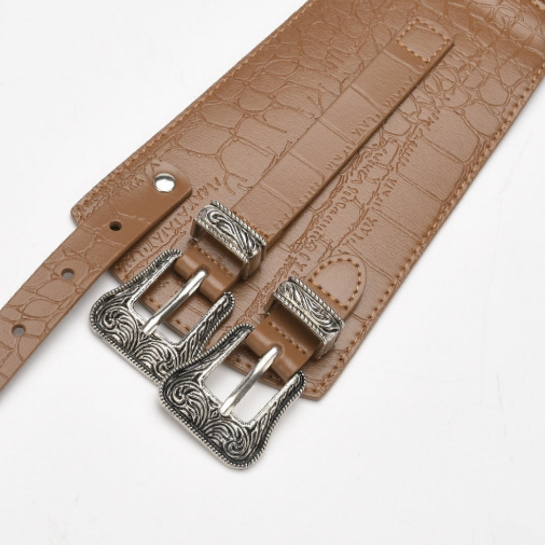 Ladies Wide Black Leather Belt - Crocodile Embossed Strap with Triple Silver Western Buckle