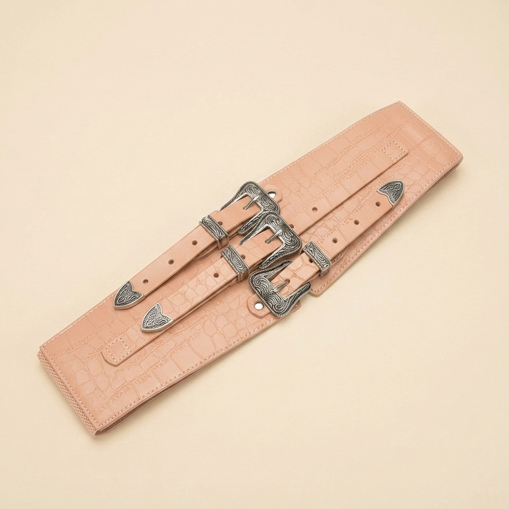 Ladies Wide Black Leather Belt - Crocodile Embossed Strap with Triple Silver Western Buckle