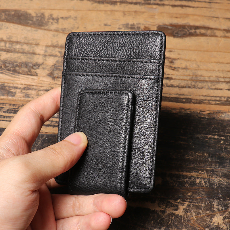 Leather Card Holder Money Clip-Slim Full Grain Leather-Black/Brown