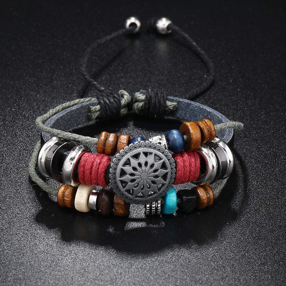 Men’s Leather Bracelet-Eternal Wheel-Black Brown White-Men’s Gift