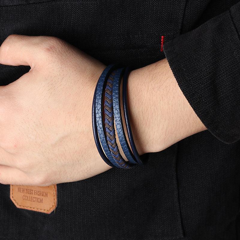 Men’s Leather Bracelet-Genuine Leather-Blue & Brown-Fashion Men’s Gift