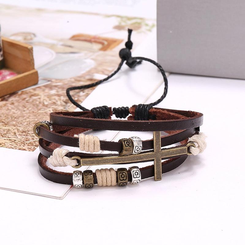 Men’s Leather Bracelet-Holy Alloy Cross-Brown-Men’s Spiritual Gift