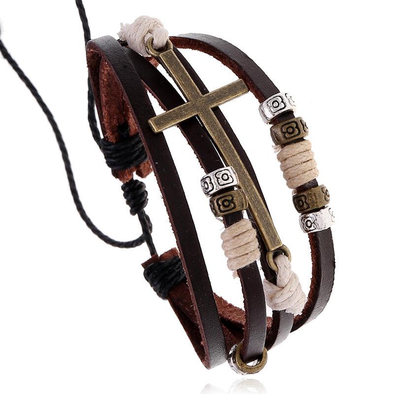 Men’s Leather Bracelet-Holy Alloy Cross-Brown-Men’s Spiritual Gift