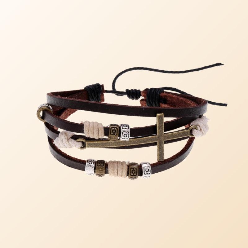 Men’s Leather Bracelet-Holy Alloy Cross-Brown-Men’s Spiritual Gift