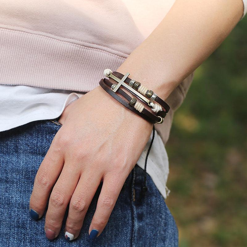 Men’s Leather Bracelet-Holy Alloy Cross-Brown-Men’s Spiritual Gift