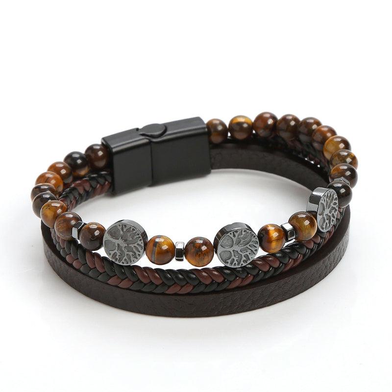 Men’s Leather Bracelet-Tree of Life-Obsidian,Lava-Natural Jewelry