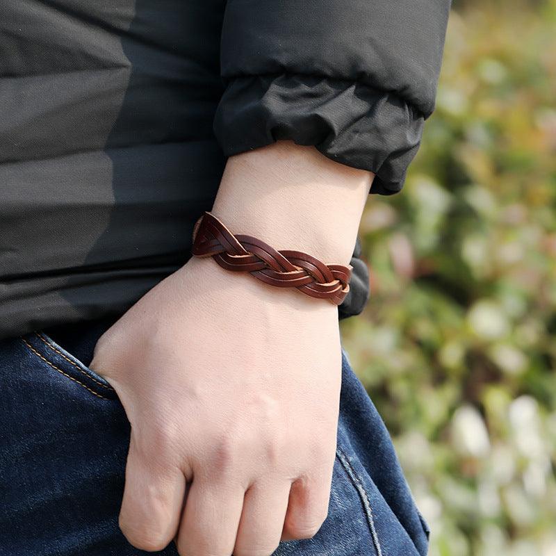 Men’s Leather Bracelet-Woven Design-Black,Brown-Men’s Rustic Gift