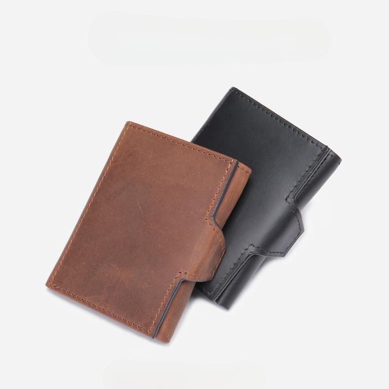 Men’s Trifold Leather Wallet-Black Brown-Coin Zip-Gift for Men