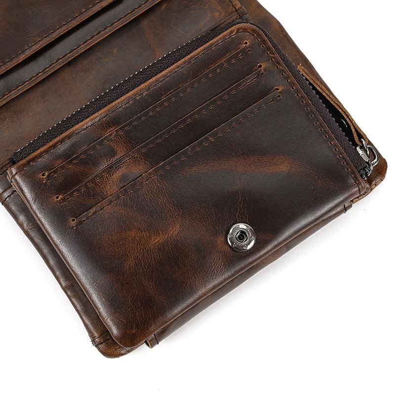 Men’s Trifold Leather Wallet-Large Capacity -Brown Crazy Horse Leather