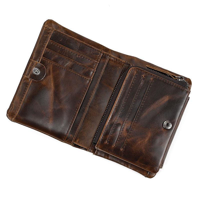 Men’s Trifold Leather Wallet-Large Capacity -Brown Crazy Horse Leather