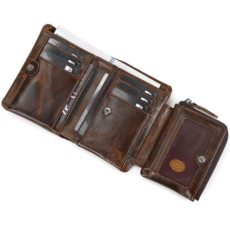 Men’s Trifold Leather Wallet-Large Capacity -Brown Crazy Horse Leather