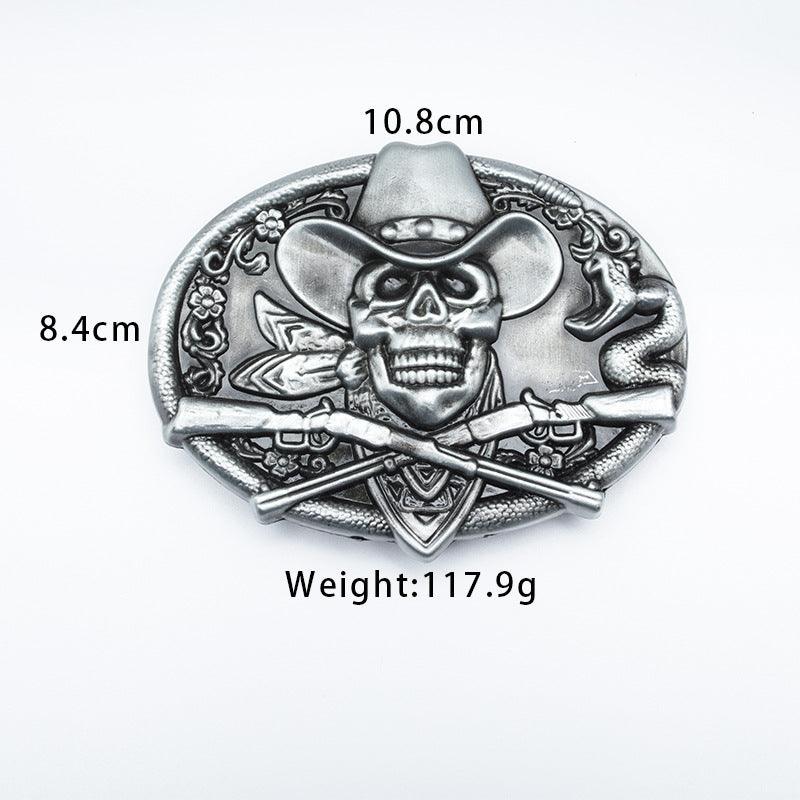 Men’s Western Cowboy Belt-Aged Buckle with Gun and Skull-Men’s Gift