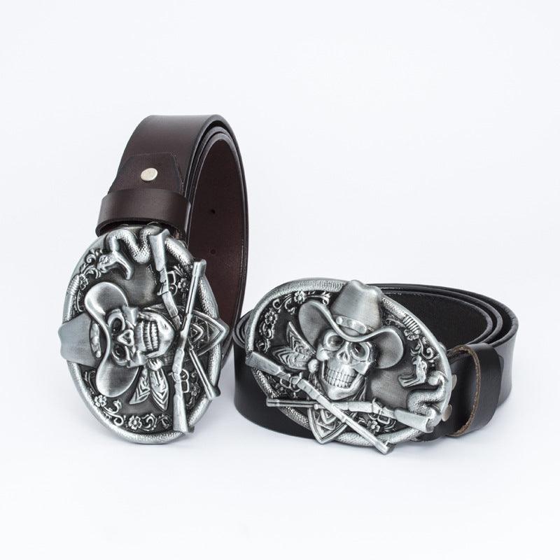 Men’s Western Cowboy Belt-Aged Buckle with Gun and Skull-Men’s Gift