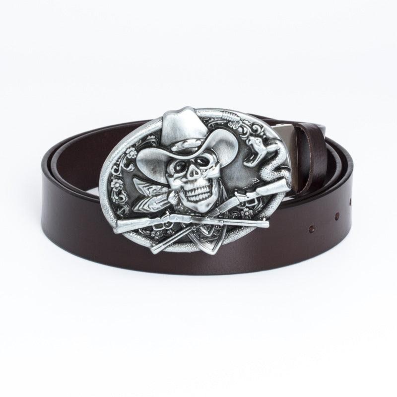 Men’s Western Cowboy Belt-Aged Buckle with Gun and Skull-Men’s Gift